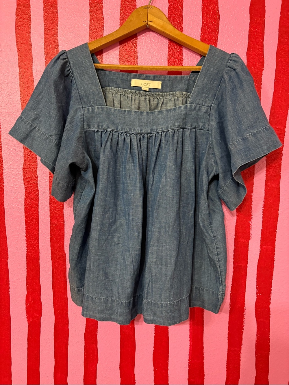 LOFT Denim-Effect Square Neck Short Sleeve Blouse